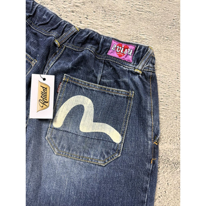 Evisu Donna jorts navy blue Y2K shorts denim white seagulls