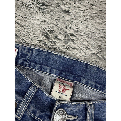 True Religion blue washed jeans white thick stitching Logan