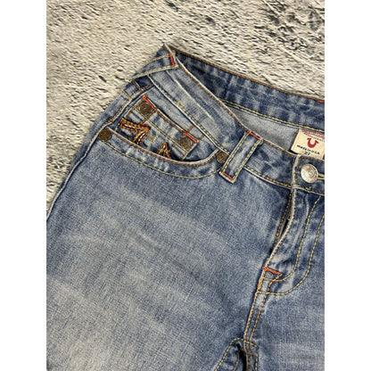 True Religion flared jeans blue white thick stitching Y2K