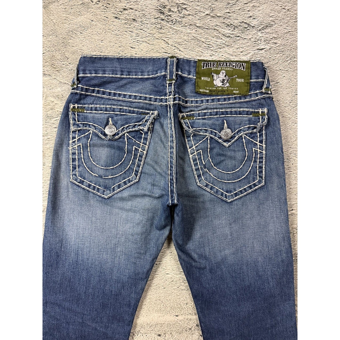 True Religion Green tab ricky Blue jeans white stitching