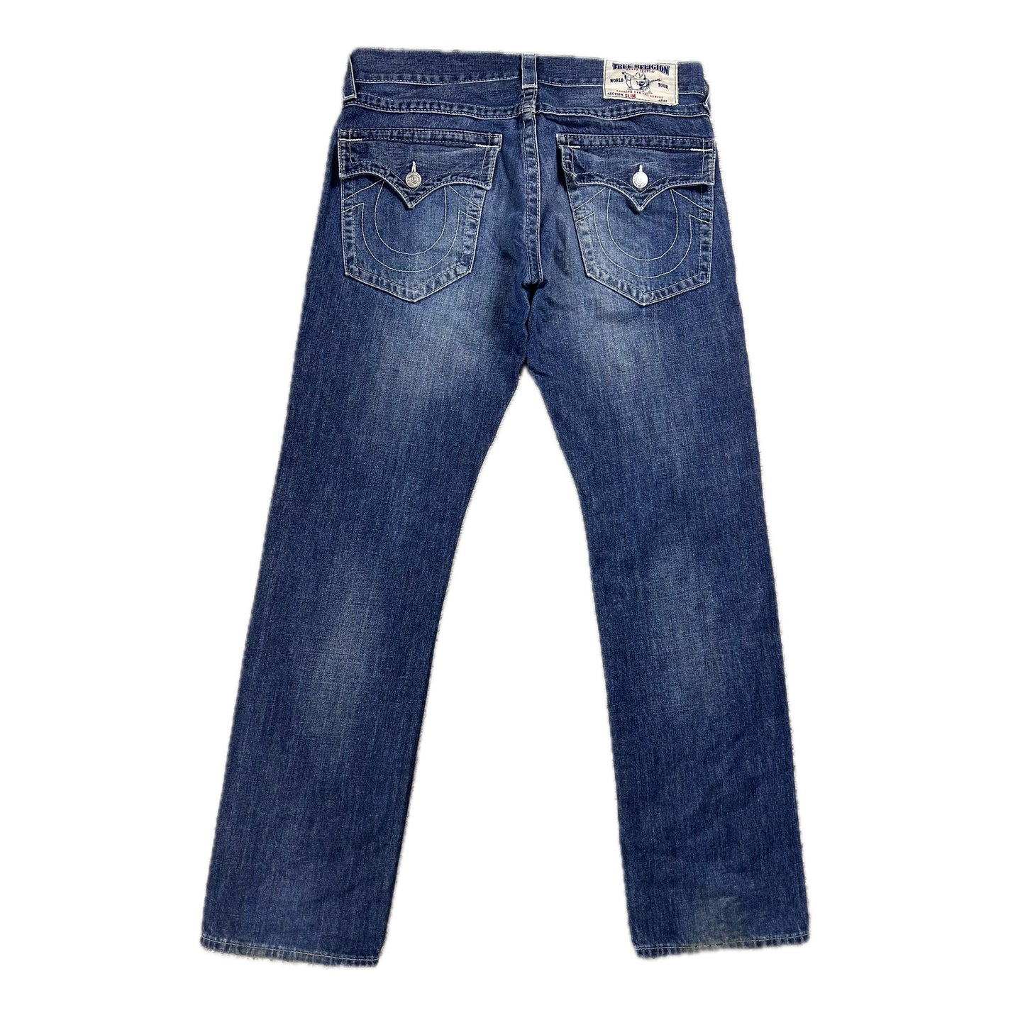 True Religion navy blue jeans white stitching Y2K