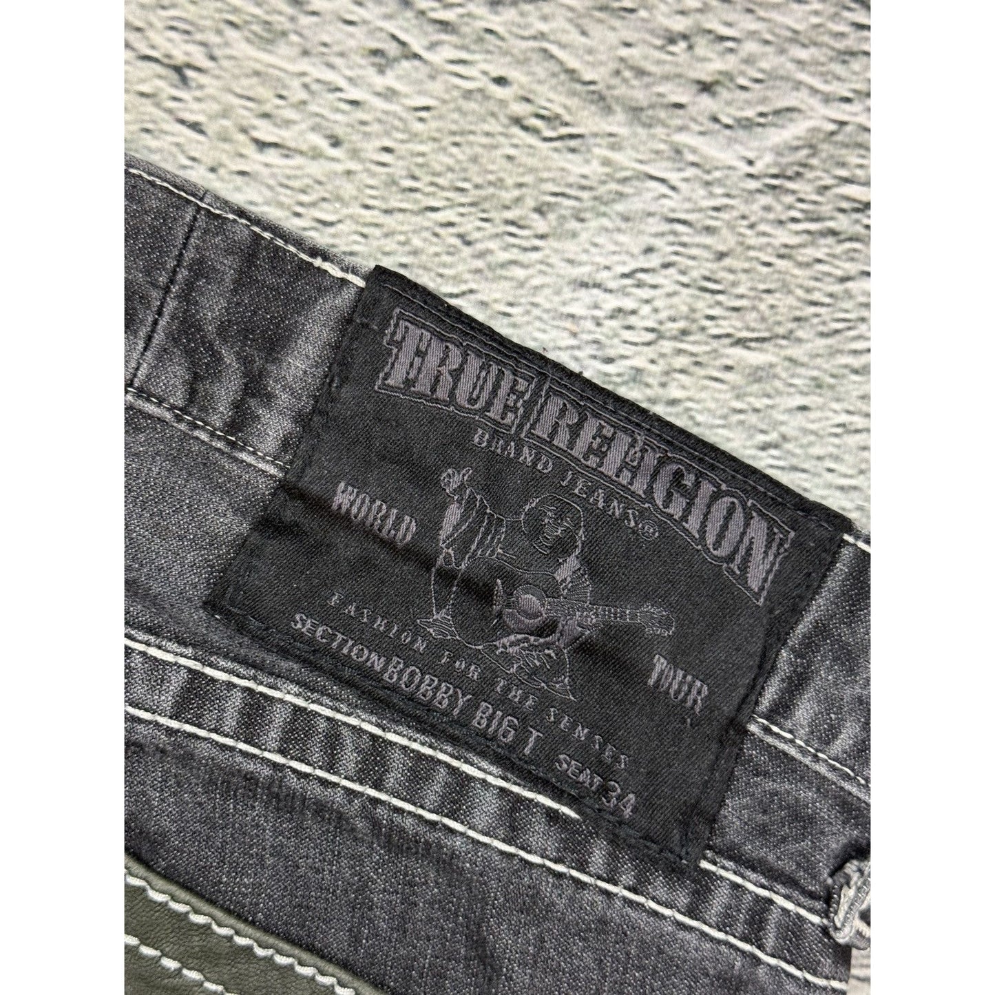 True Religion jeans grey black leather patch Bobby straight