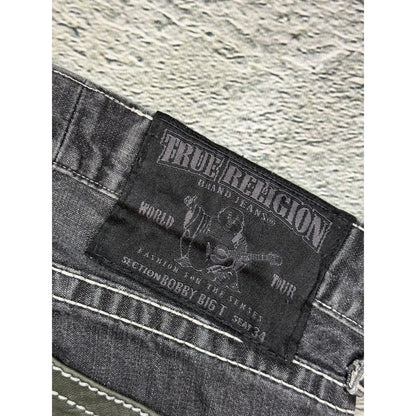 True Religion jeans grey black leather patch Bobby straight