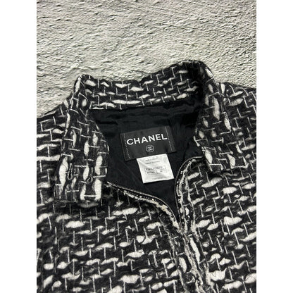 Chanel vintage coat tweed black white furry 2010