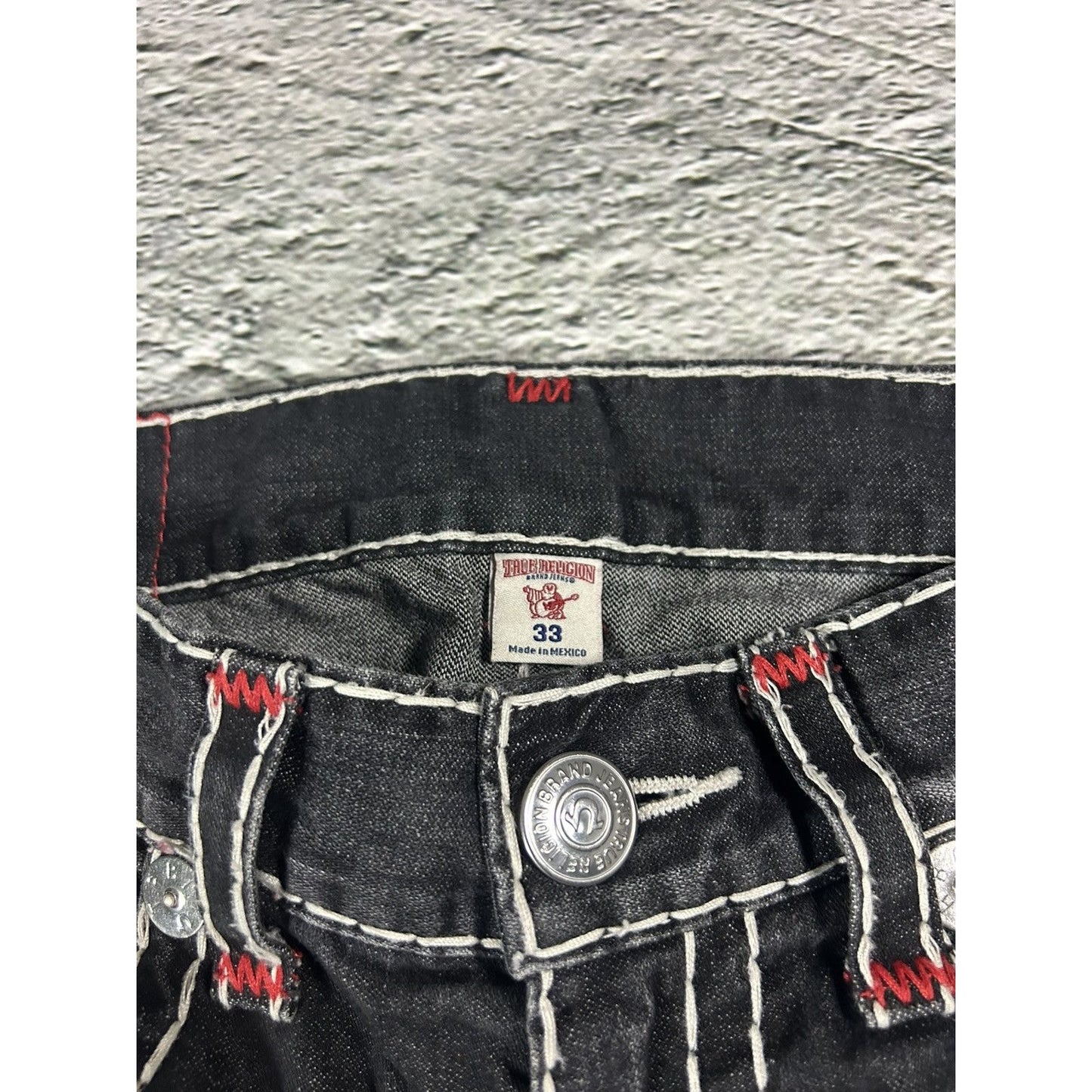 True Religion vintage black jeans denim white stitching