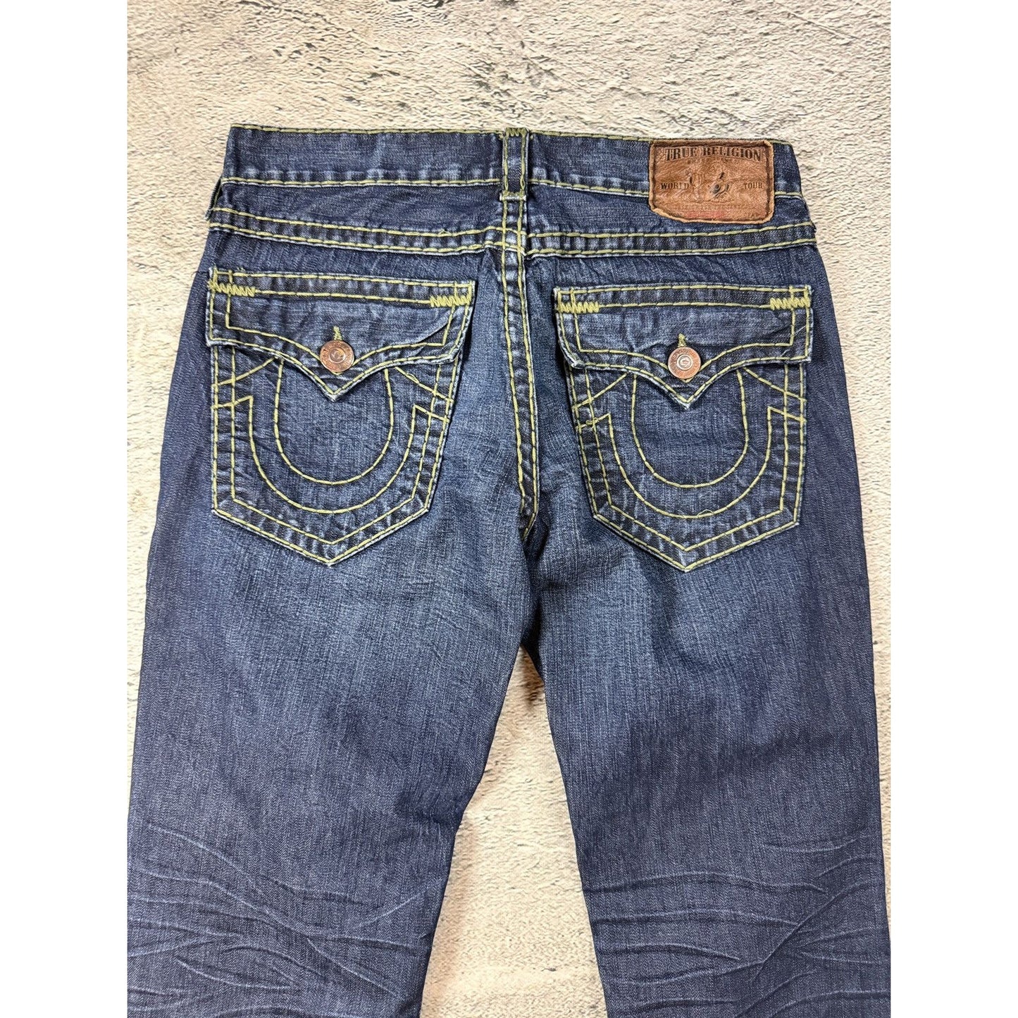 True Religion blue jeans flared bootcut green stitching Joey