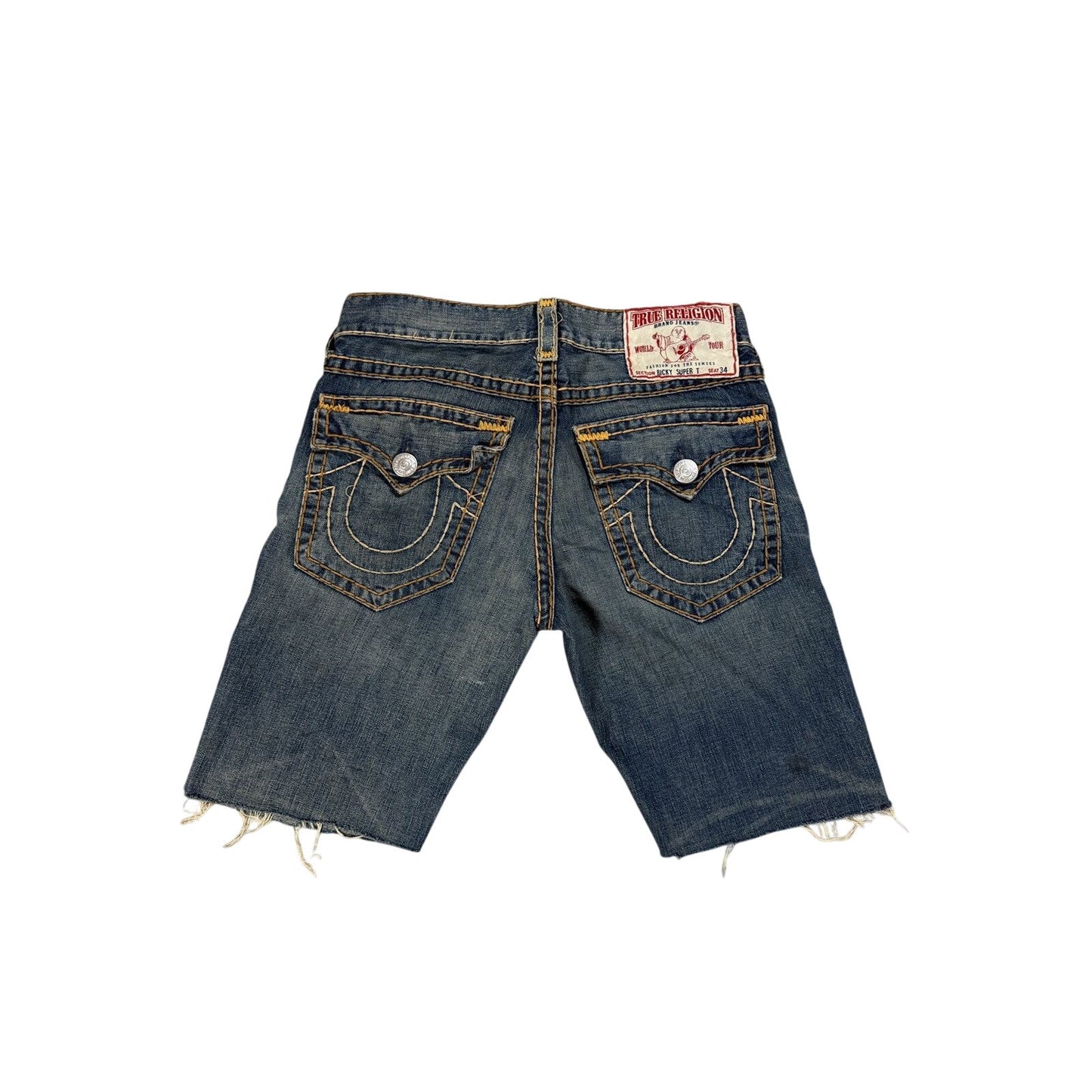 True Religion jorts denim shorts navy orange stitching Ricky