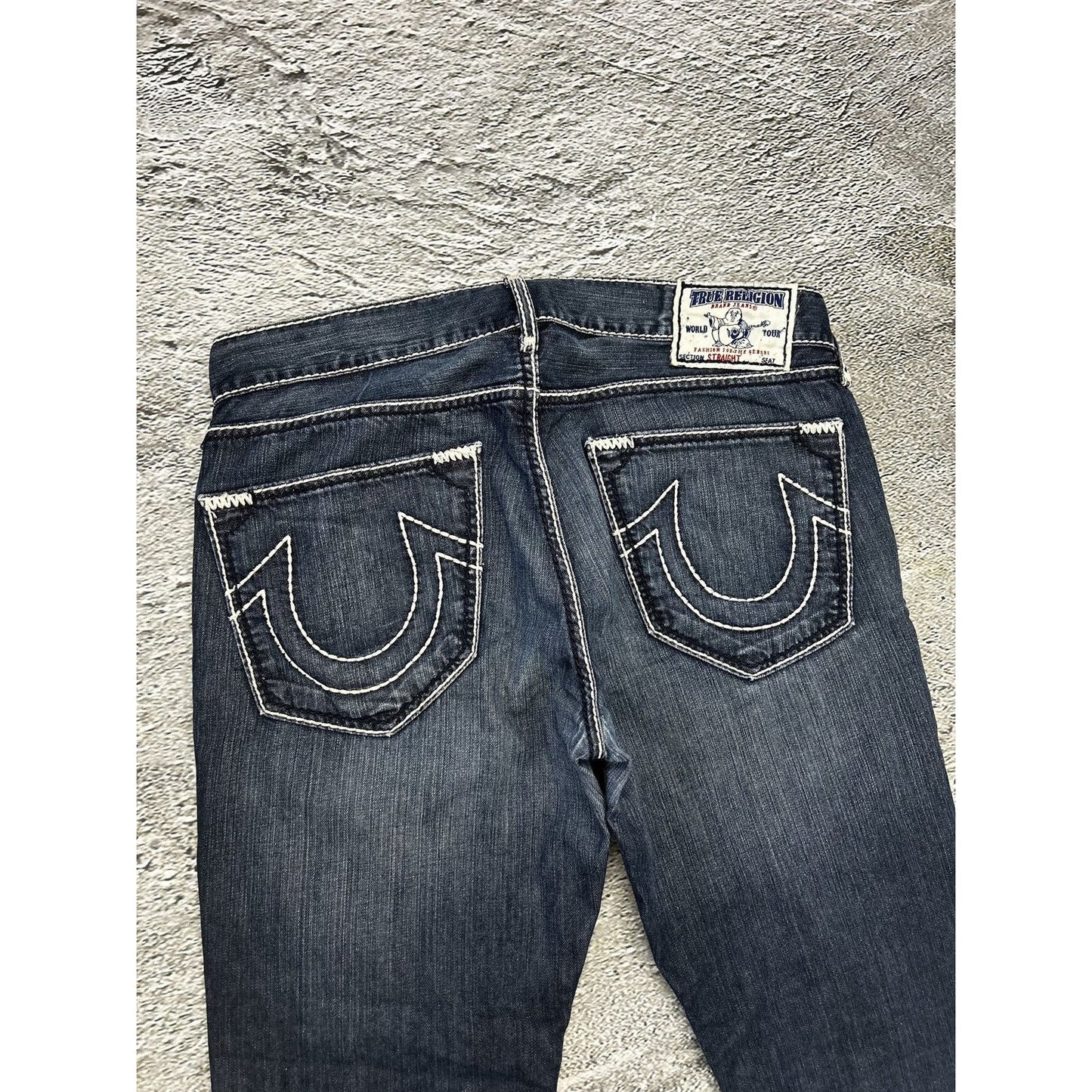 True Religion navy jeans white thick stitching Y2K