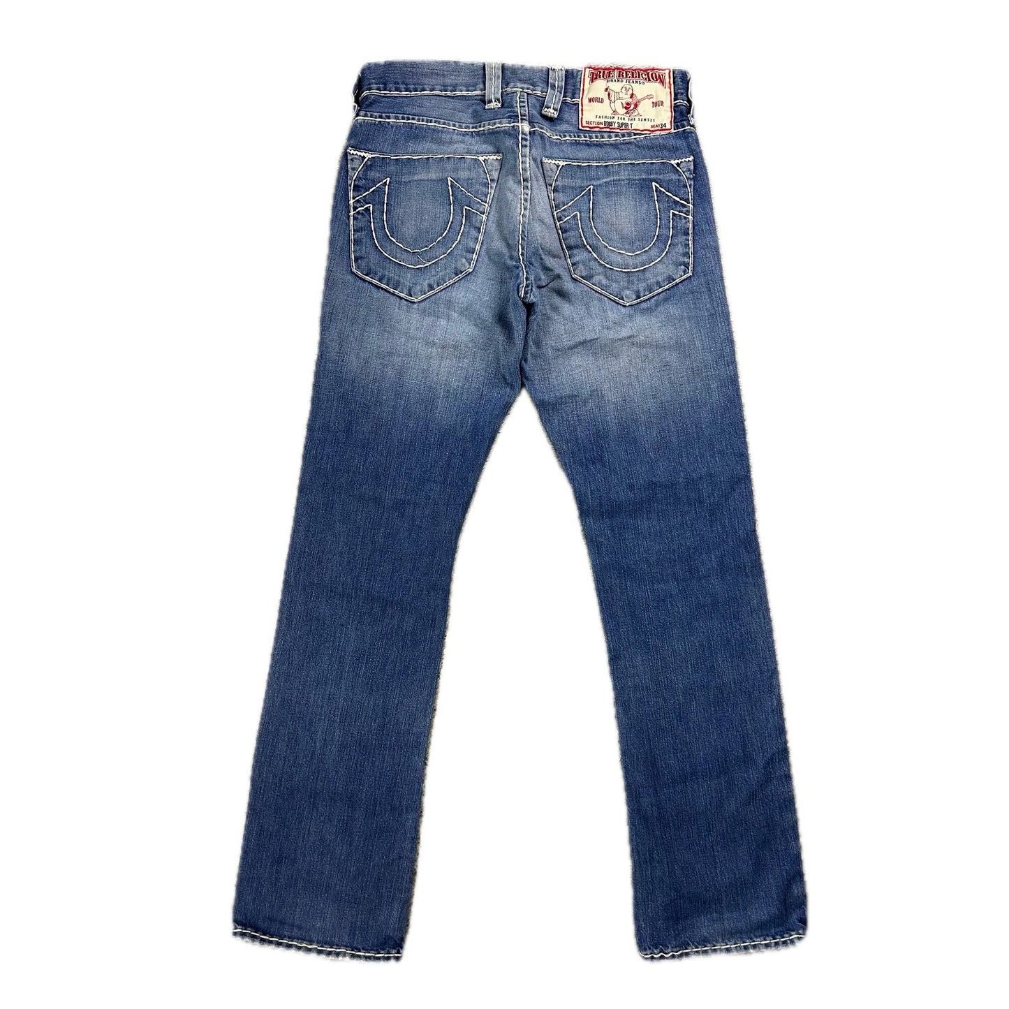 True Religion blue jeans white thick stitching Bobby