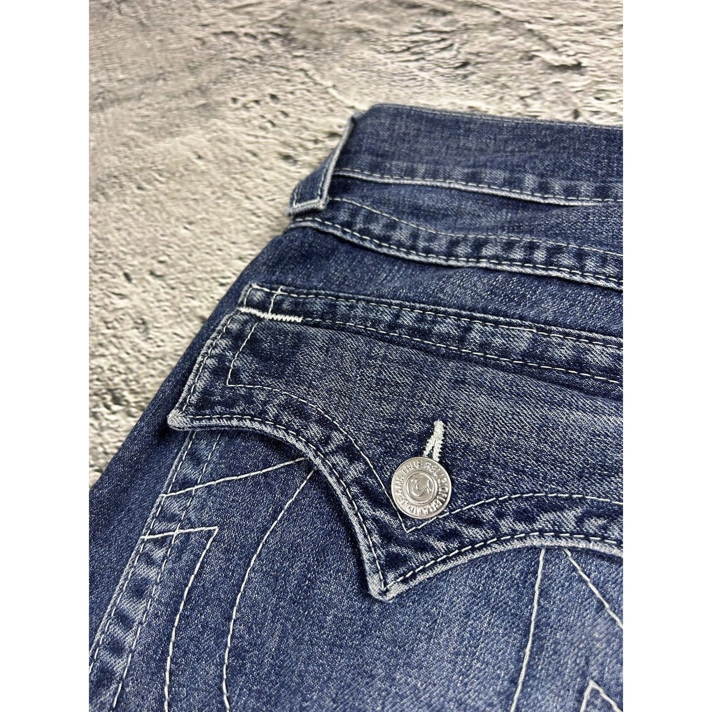 True Religion navy blue jeans white stitching Y2K