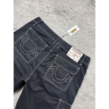 True Religion Cargo Black White stitch jorts denim shorts