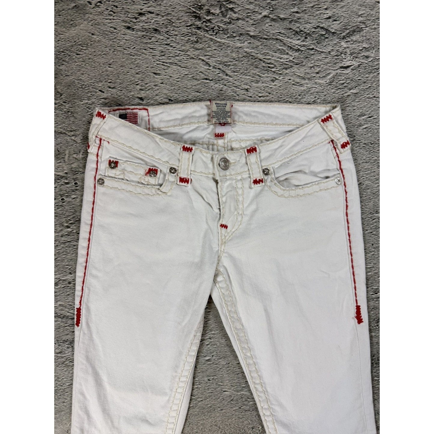 True Religion vintage white jeans slim Stella red stitching