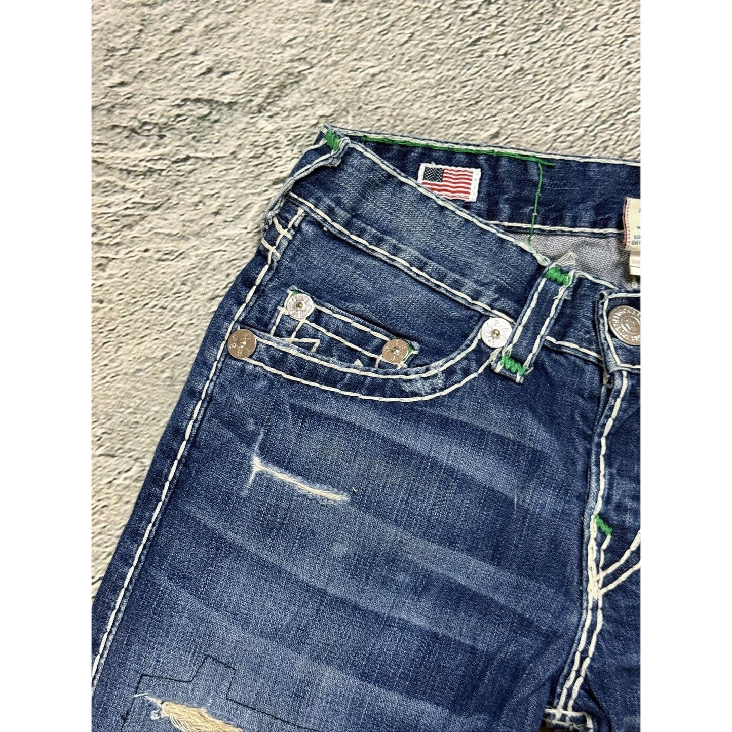 True Religion Geno Green tab blue jeans white stitching