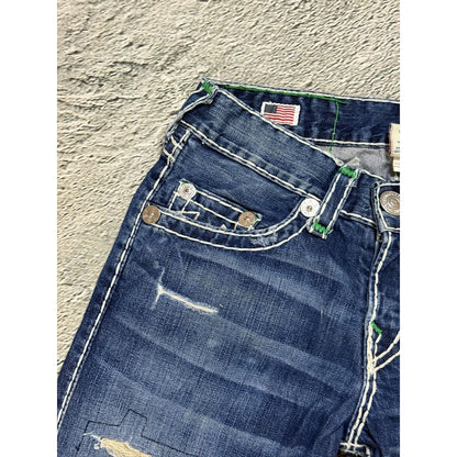 True Religion Geno Green tab blue jeans white stitching