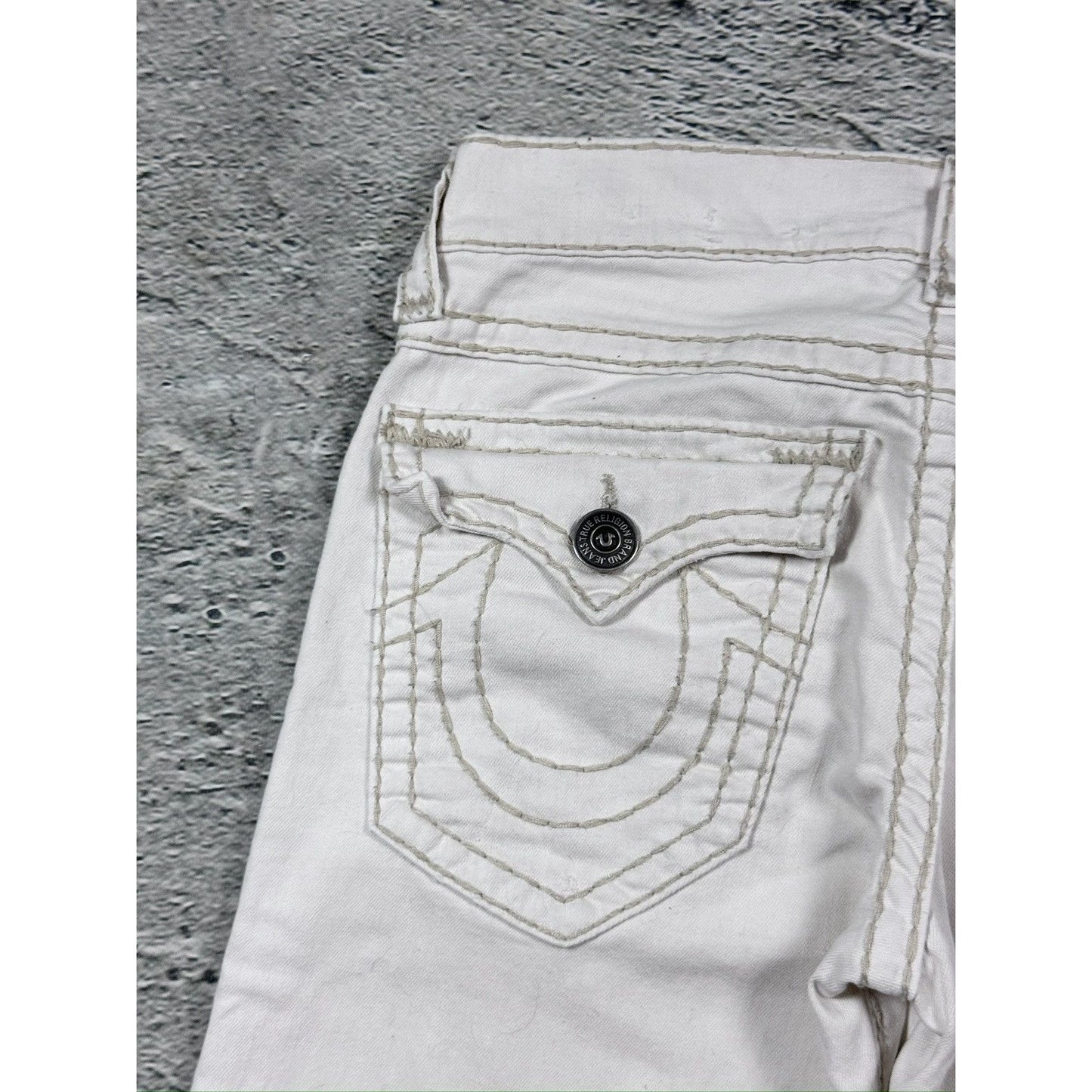True Religion white jeans beige stitching Ricky Super T