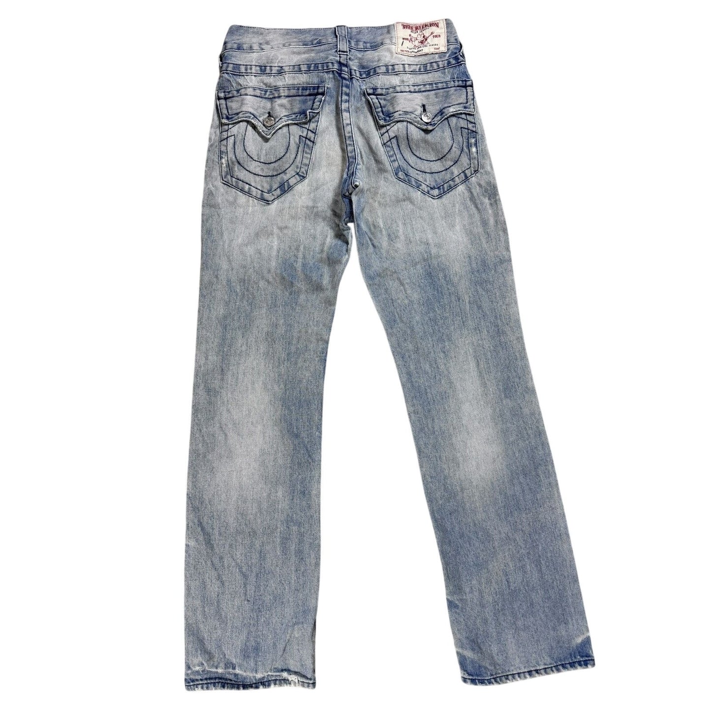 True Religion baby blue jeans black thick stitching straight