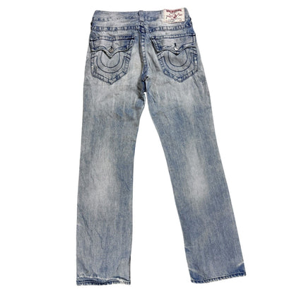 True Religion baby blue jeans black thick stitching straight