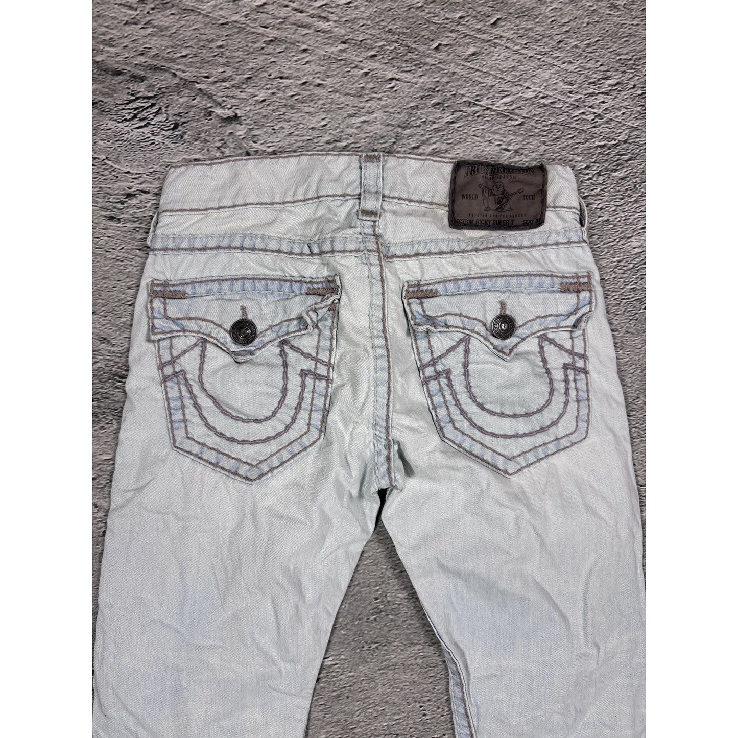 True Religion light blue jeans beige stitching Ricky Super T