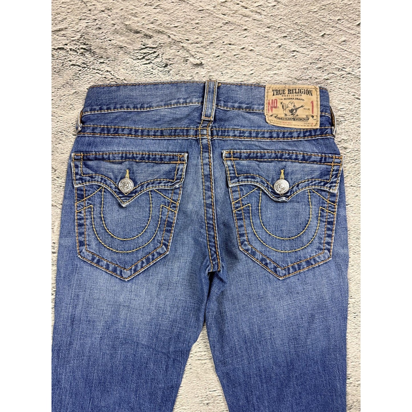 True Religion blue jeans flared thick stitching Ricky gold