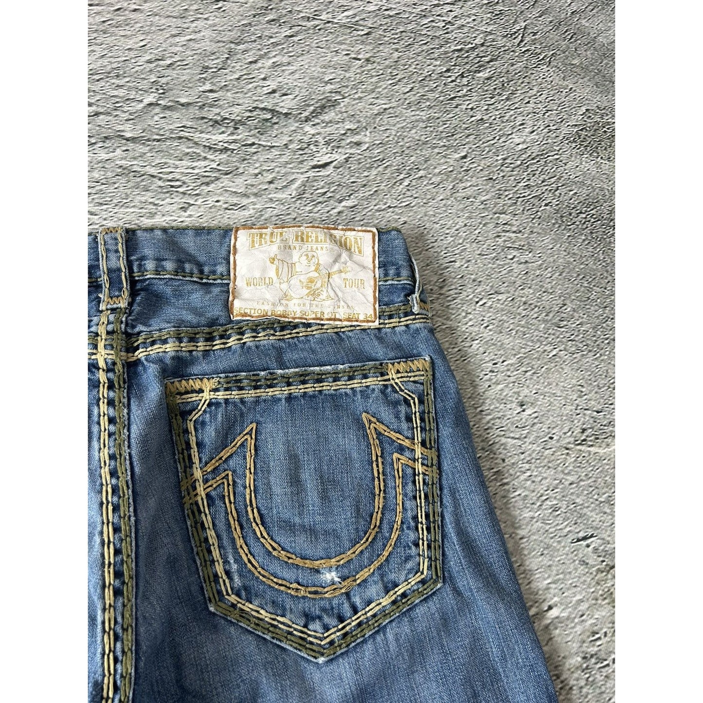 True Religion blue jeans multicolor thick stitching Bobby