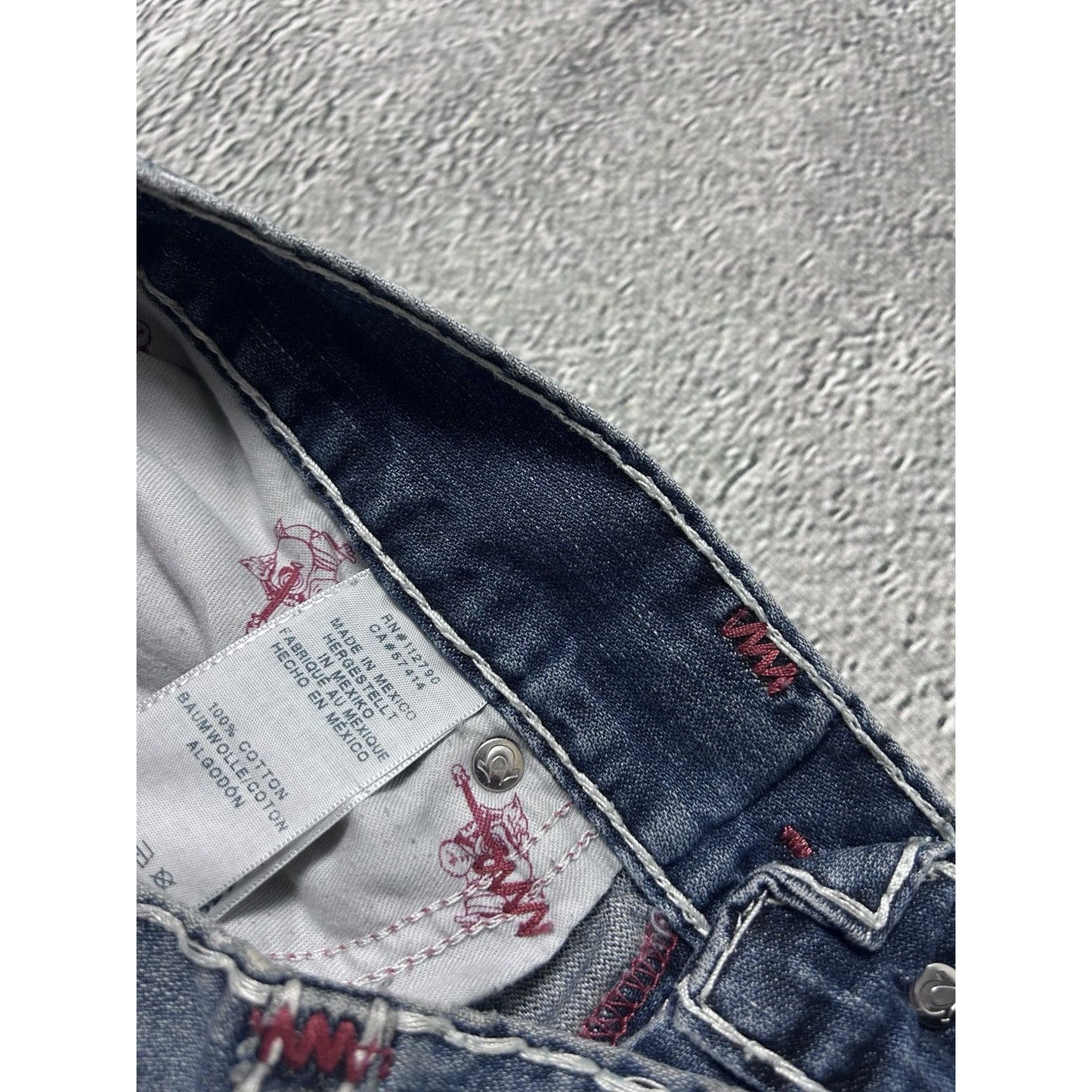 True Religion blue jeans white red thick stitching straight