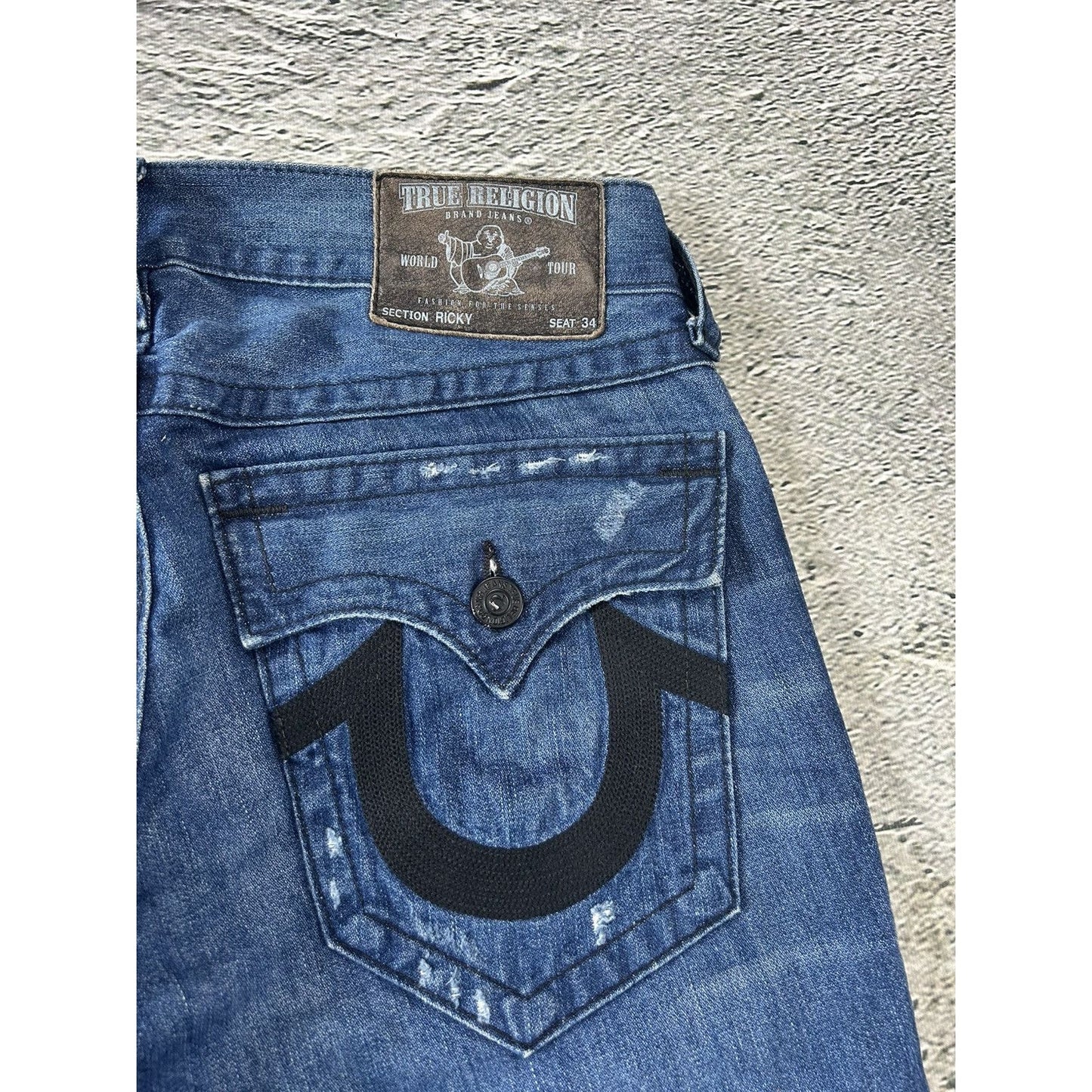 True Religion vintage blue jeans Ricky black big logo Y2K