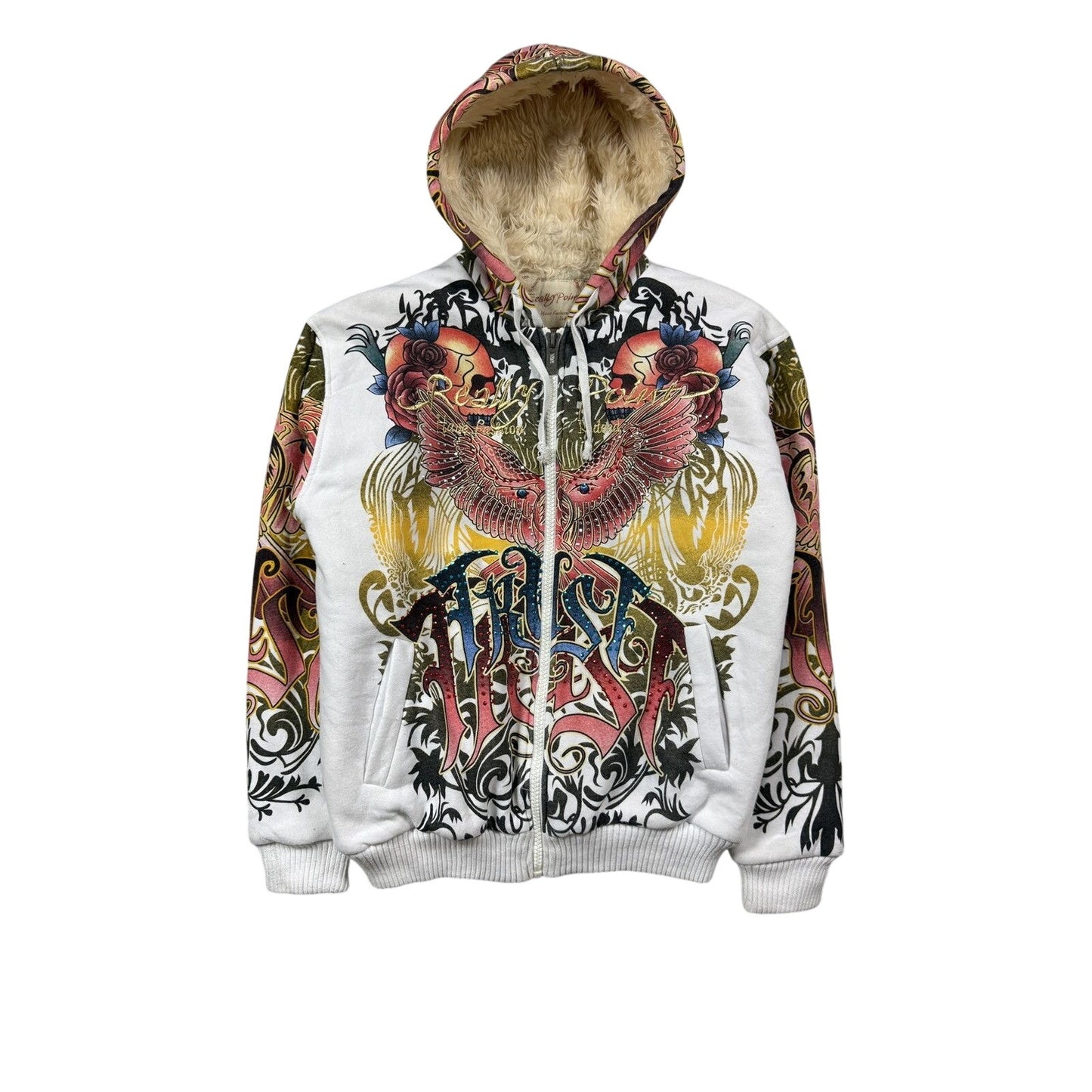 Really Point Y2K vintage zip hoodie white fur Ed Hardy