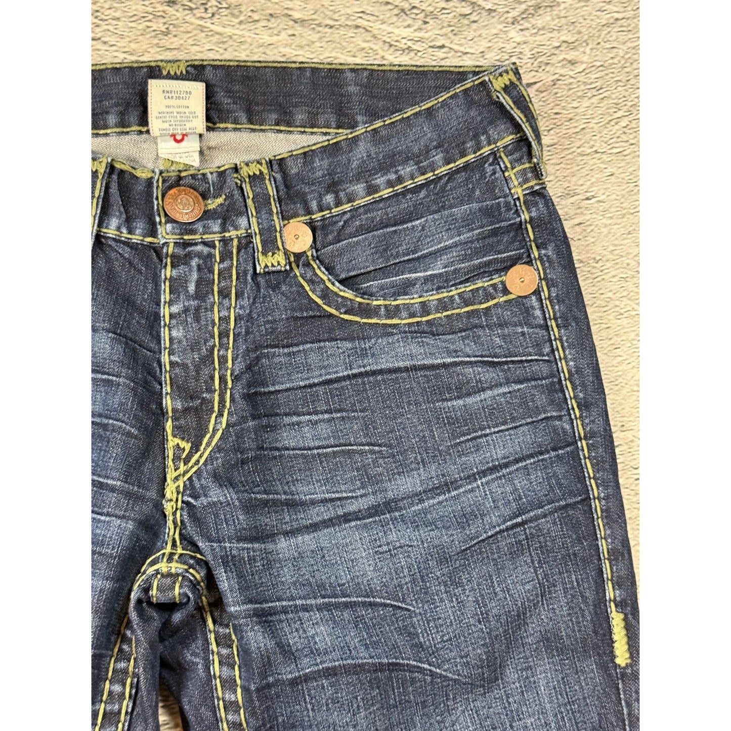 True Religion blue jeans flared bootcut green stitching Joey