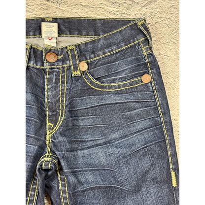 True Religion blue jeans flared bootcut green stitching Joey