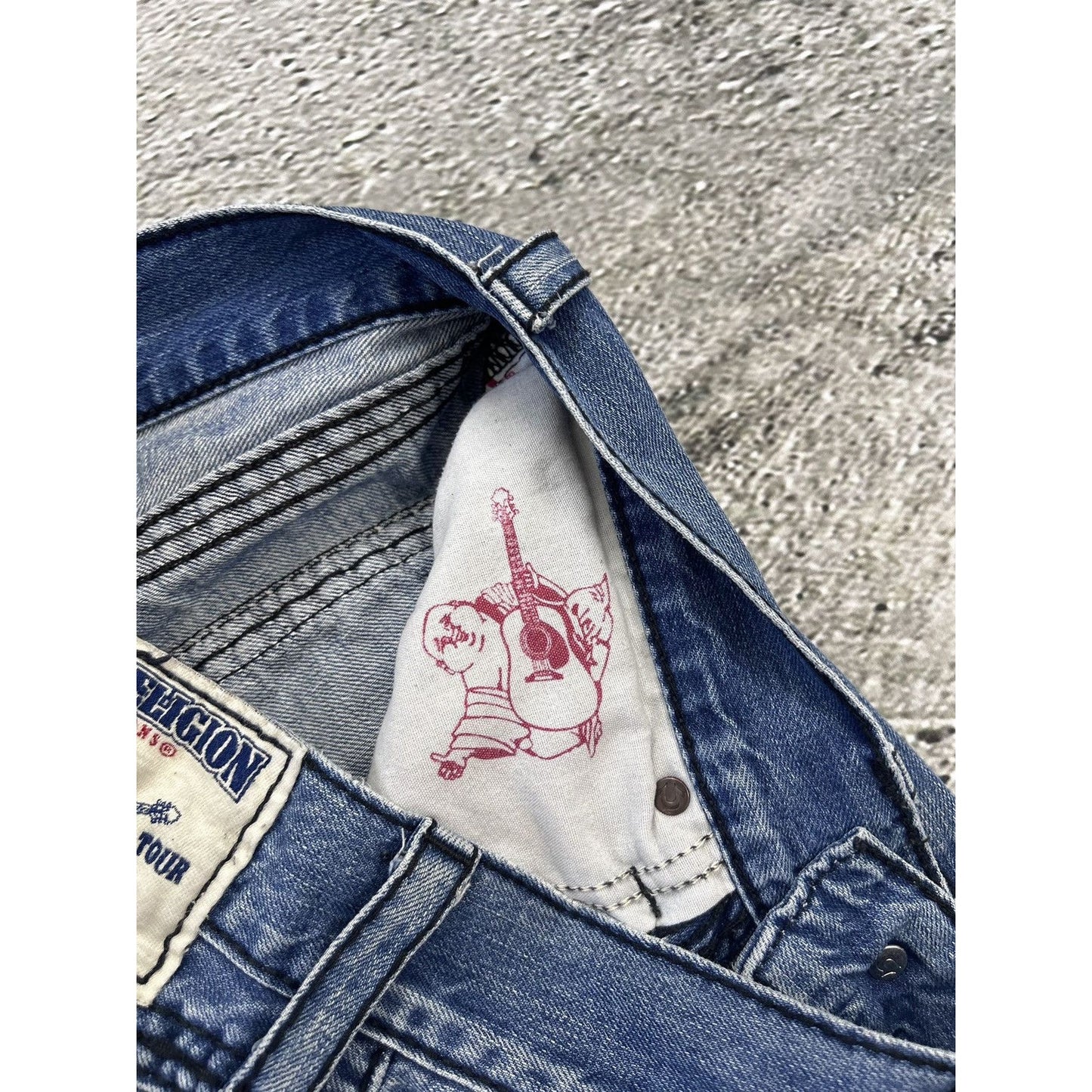 True Religion baby blue jeans black stitching Y2K