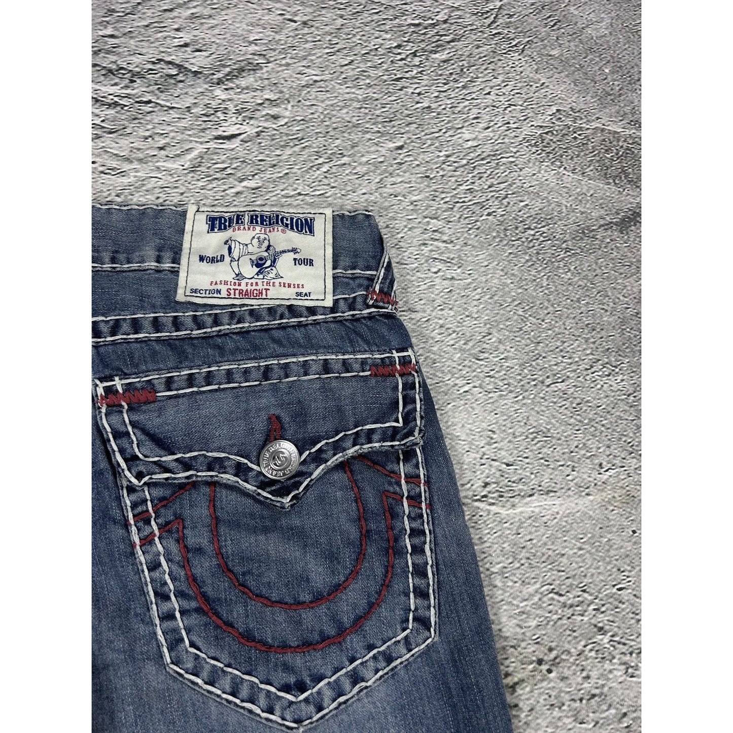 True Religion blue jeans white red thick stitching straight