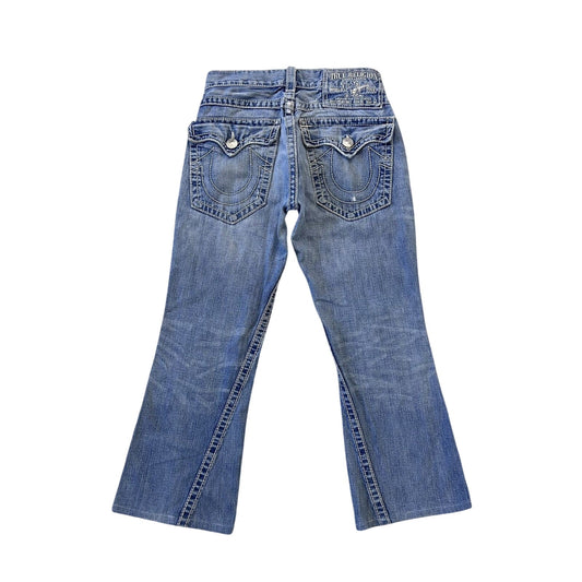 True Religion baby blue jeans white stitching Y2K bootcut
