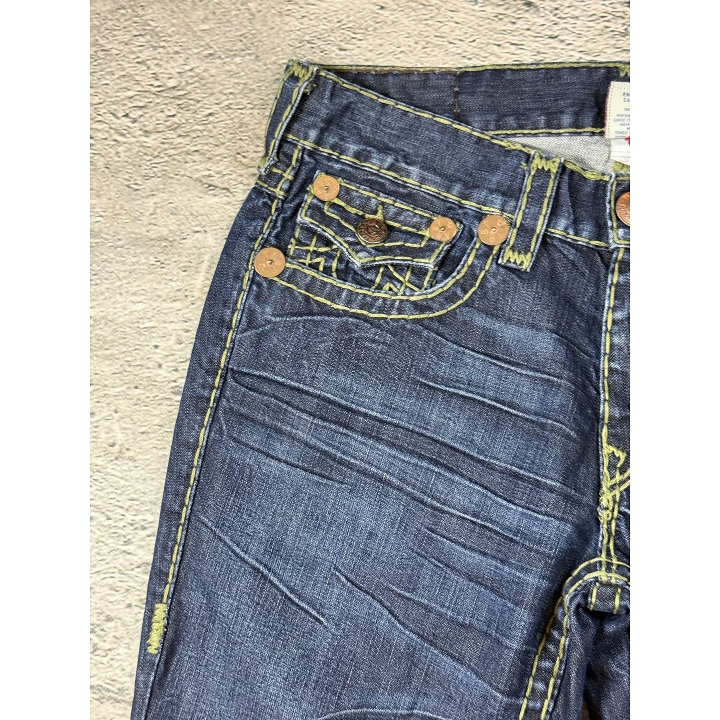 True Religion blue jeans flared bootcut green stitching Joey