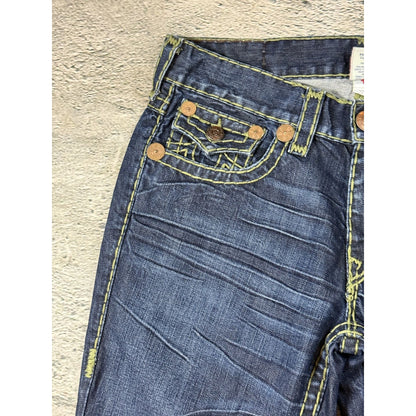 True Religion blue jeans flared bootcut green stitching Joey