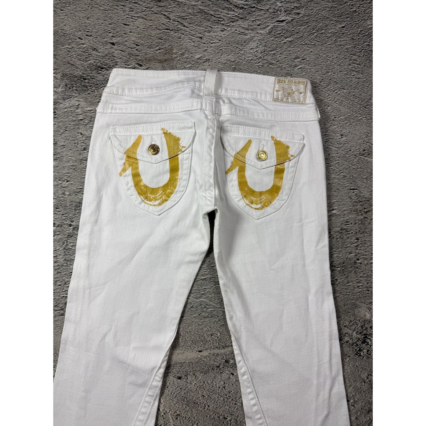True Religion white jeans flared bootcut stitching Joey gold