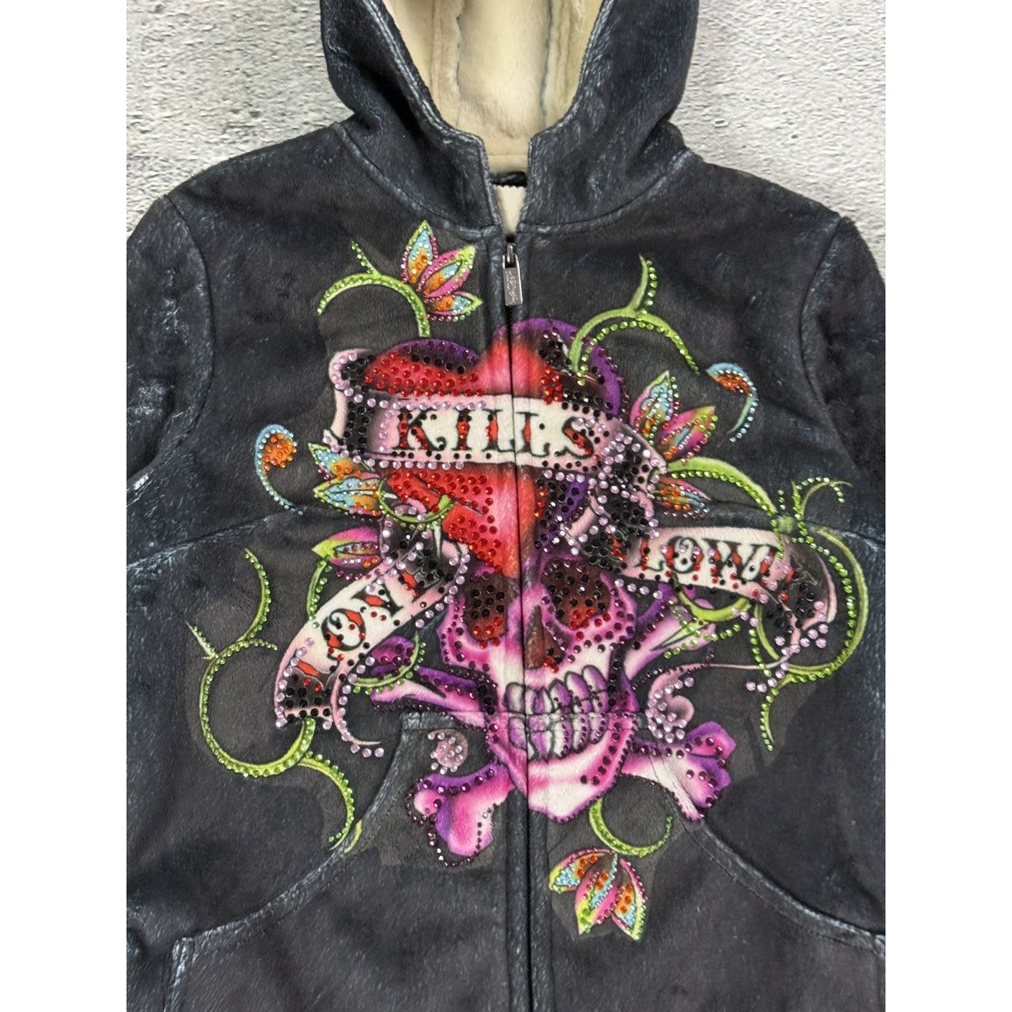 Ed Hardy zip hoodie black red vintage Y2K faux fur