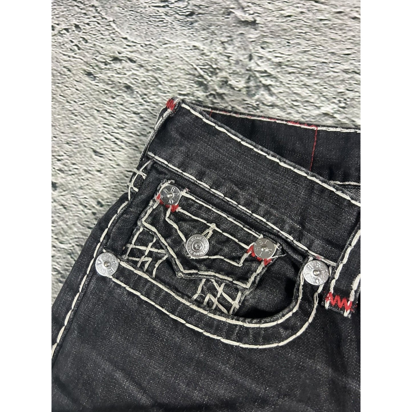 True Religion vintage black jeans denim white stitching