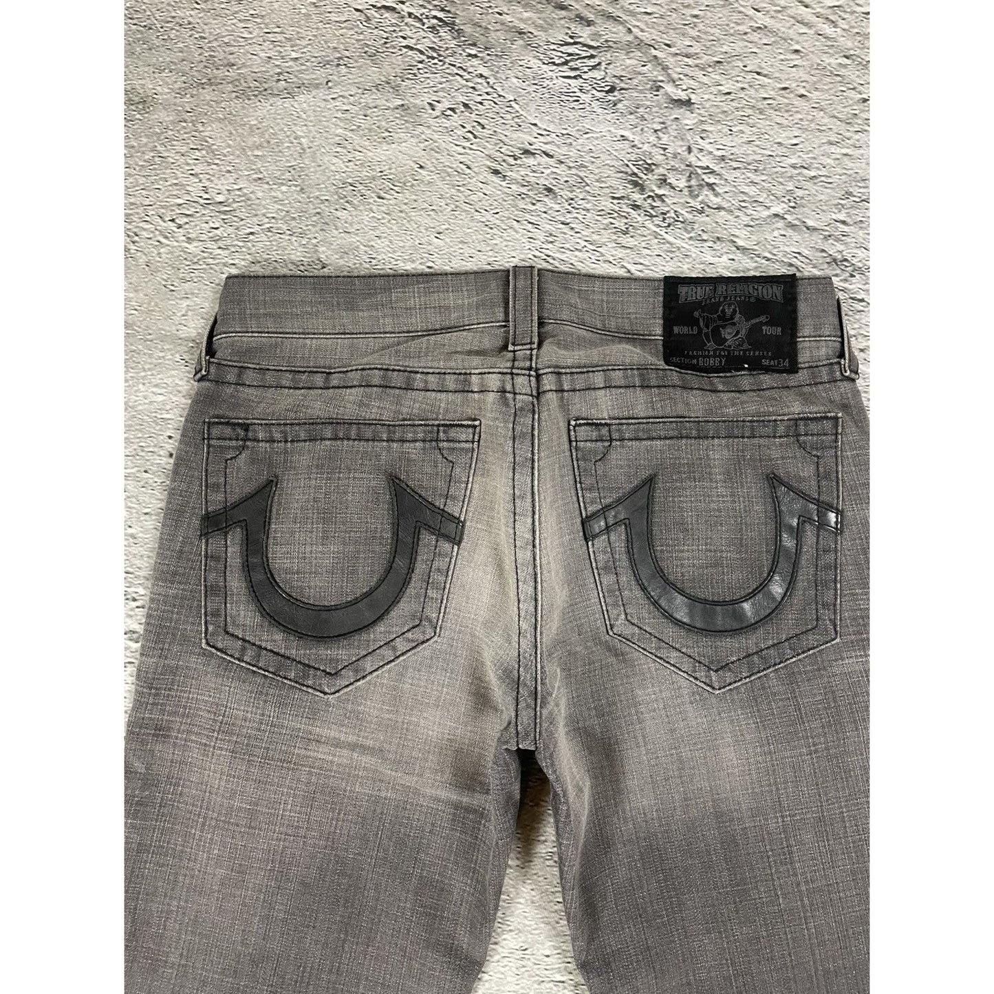True Religion jeans grey black leather patch Bobby straight