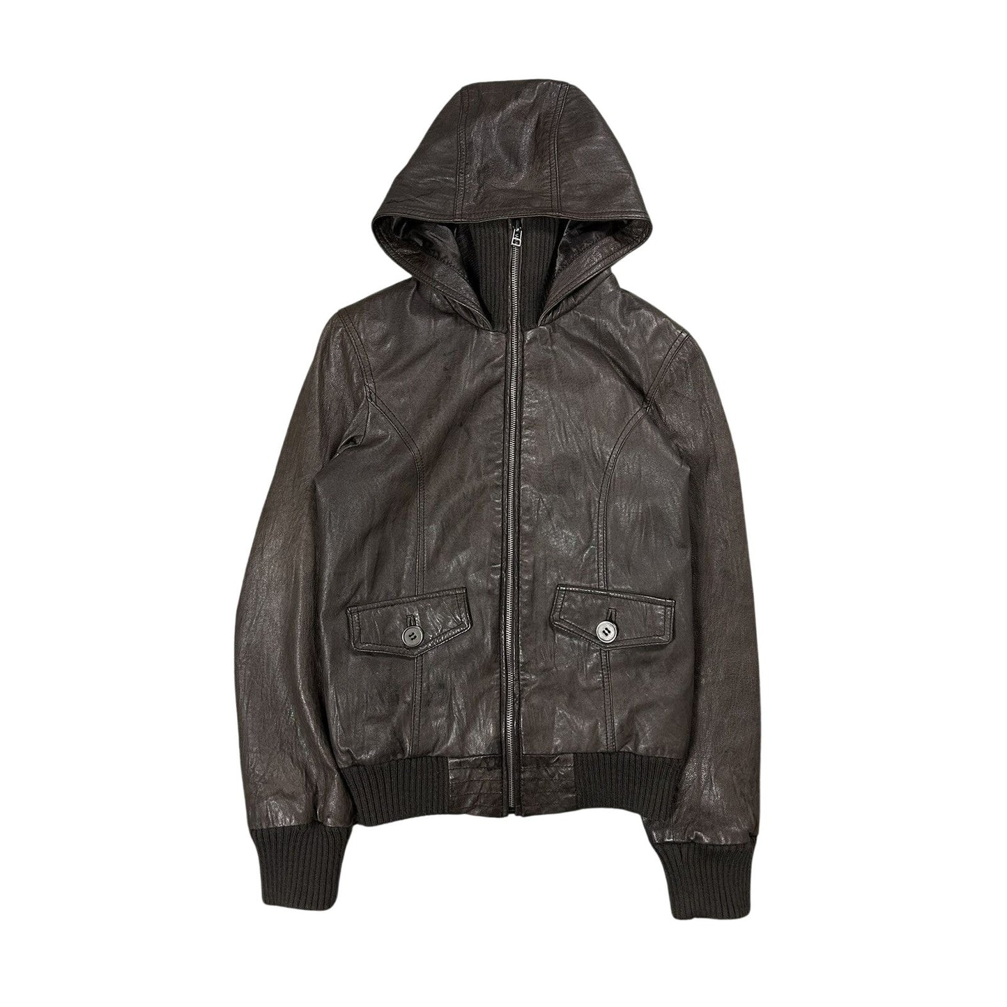 Bikbok brown vintage leather jacket hooded