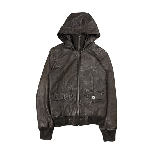 Bikbok brown vintage leather jacket hooded