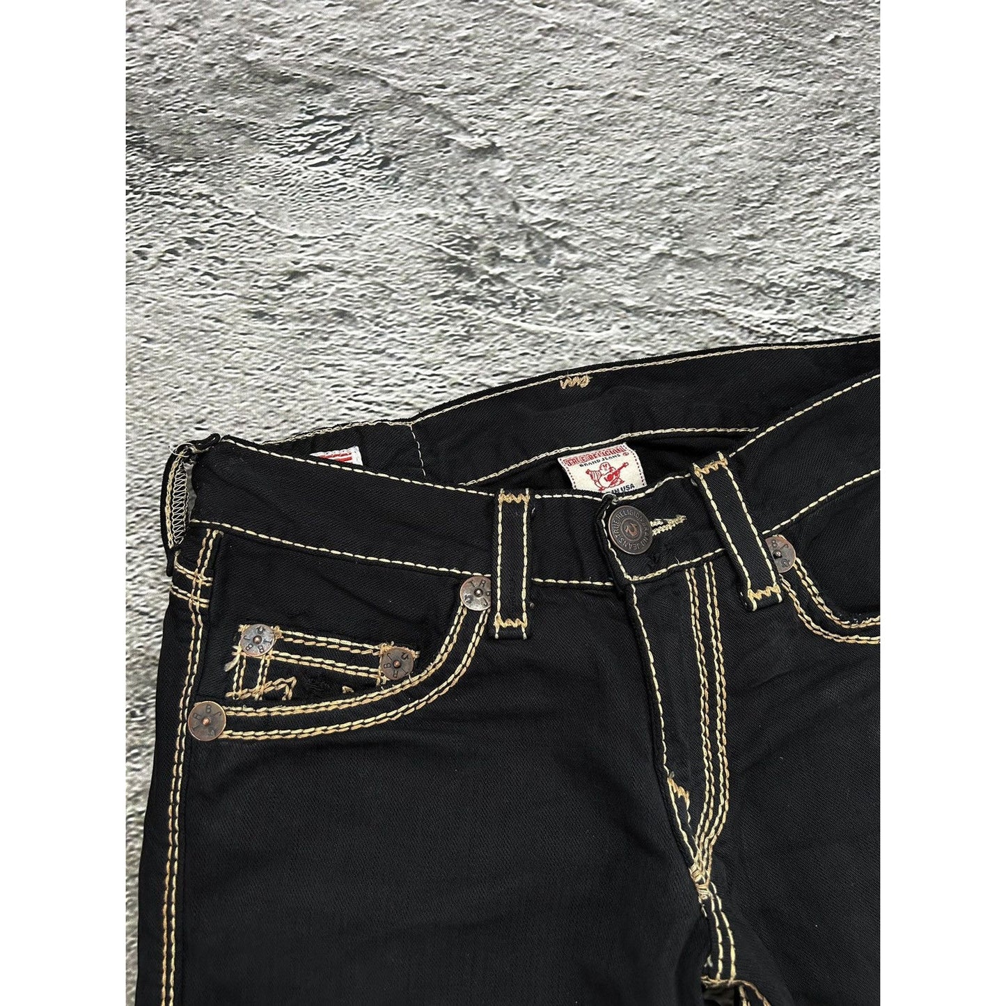 True Religion vintage black jeans gold double stitching