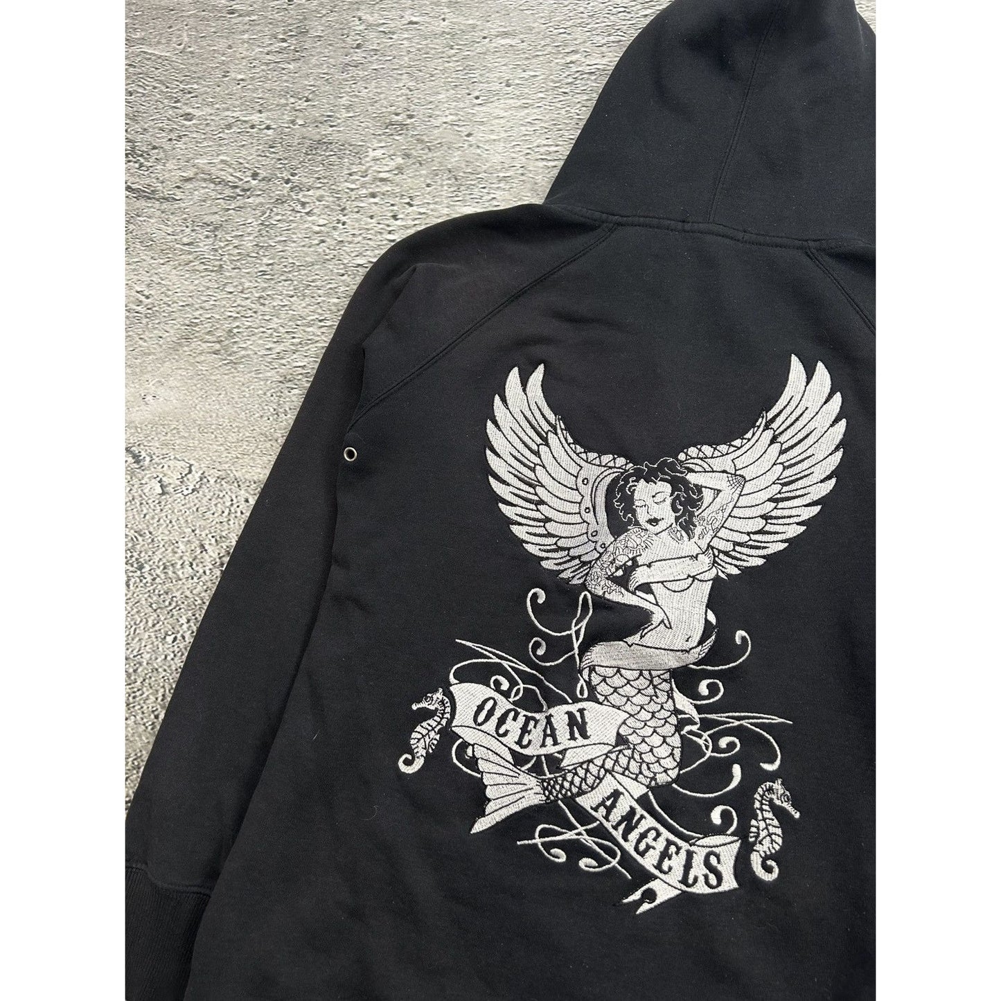 Y2K zip hoodie black Ocean Angles Ed Hardy style