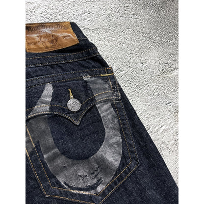 True Religion vintage navy jeans big logo painted grey Y2K