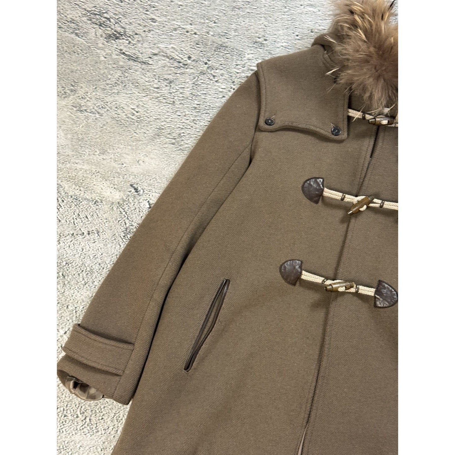 Sandro coat heavy wool khaki green hooded with fur