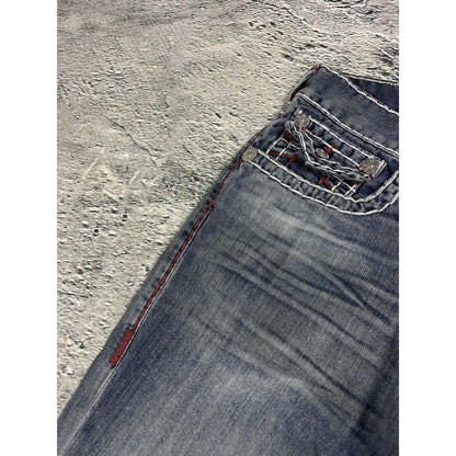 True Religion blue jeans white red thick stitching straight
