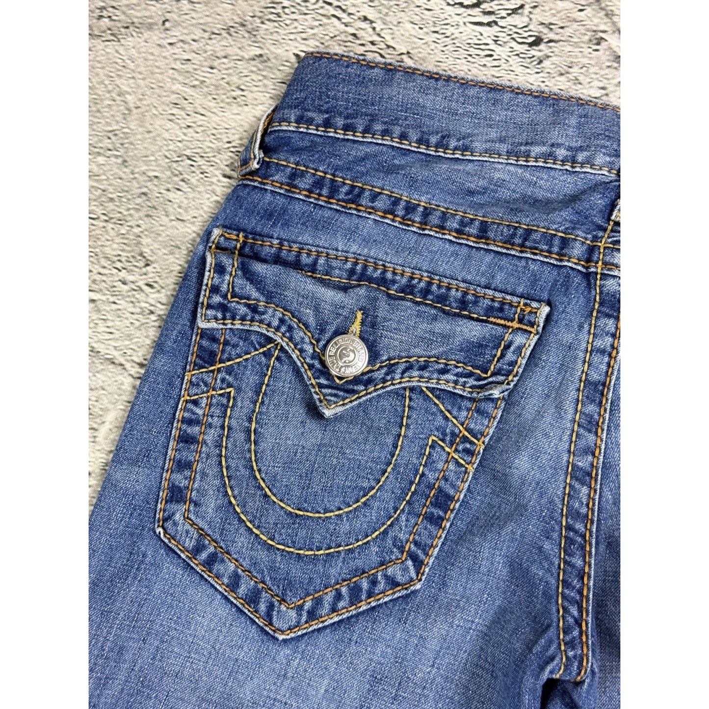 True Religion blue jeans flared thick stitching Ricky gold