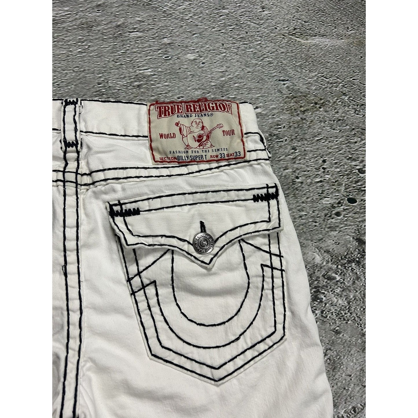 True Religion jorts vintage white denim shorts black stitch