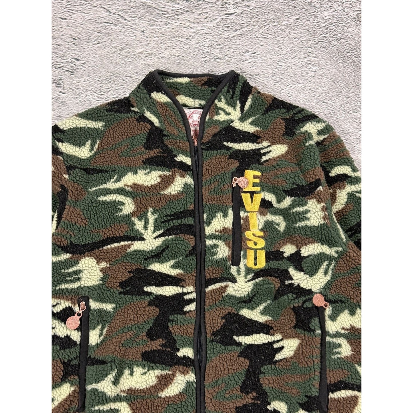 Evisu fleece sweatshirt camo green khaki cargo zip