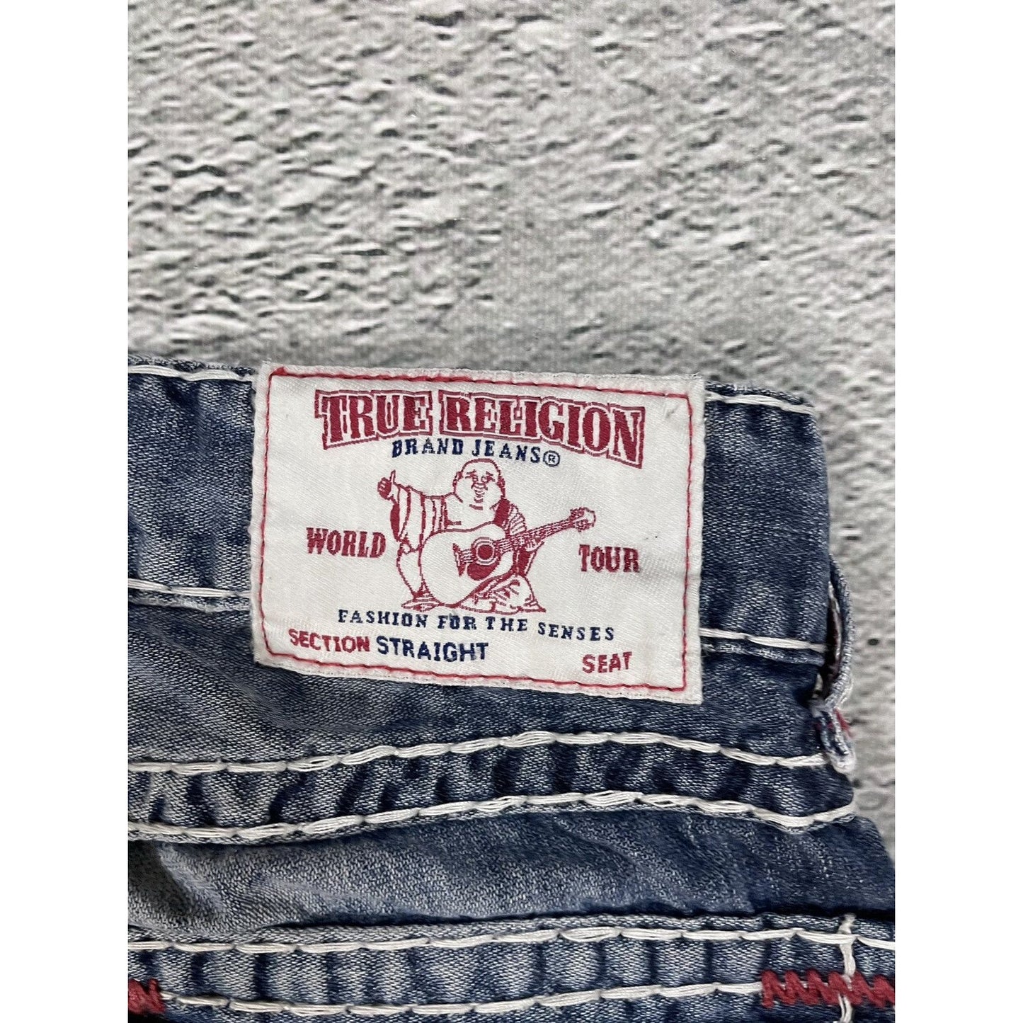 True Religion blue jeans white red thick stitching straight