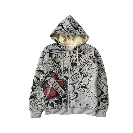 Really Point Y2K vintage zip hoodie grey fur Ed Hardy